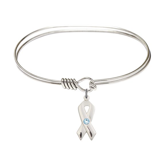 7 inch Oval Eye Hook Bangle Bracelet w/ Cancer Awareness medal charm w/ March Blue Swarovski Crystal