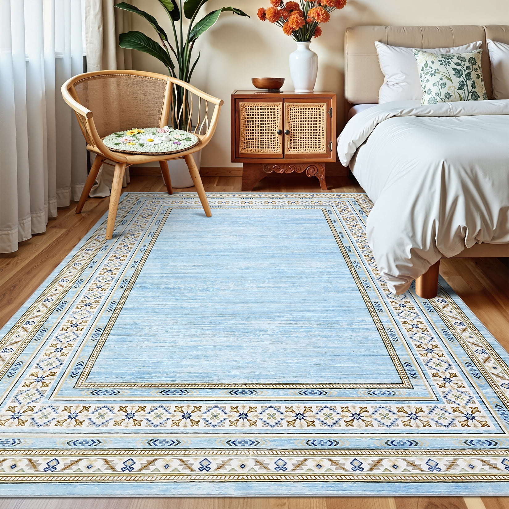 Garvee 8'x10' Bordered Rug Area Rug Contemporary Floral Washable Rugs Low Pile Non-Slip Rugs, Light Blue