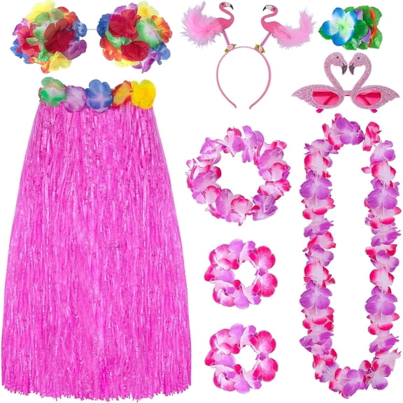 Ebaokuup 8 Pcs 31" Hawaiian Grass Skirt Costume Set for Luau Party