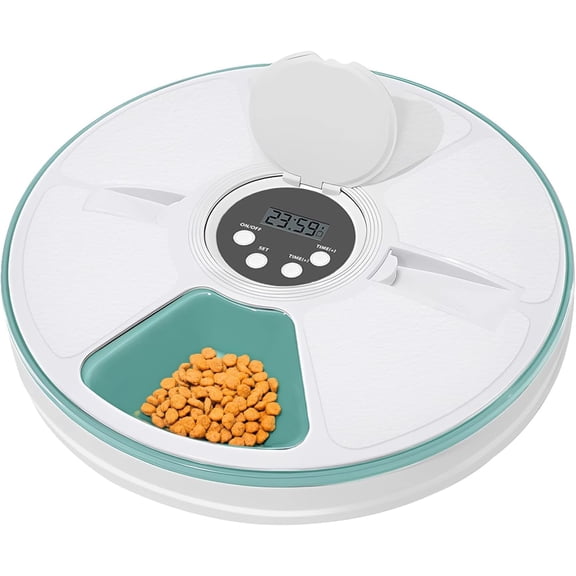 Automatic Cat Feeder for Dry Food,Supplement & Treats， 6 Compartment Timed Cat Food Dispenser for Cats and Small Dogs，No Ice Needed Automatic Dog Feeder (Green)