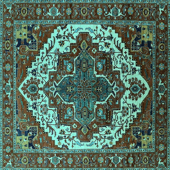 Ahgly Company Machine Washable Indoor Square Oriental Turquoise Blue Industrial Area Rugs, 7' Square