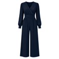 thumbnail image 5 of Sunnin Womens Jumpsuit Solid Color V Neck Long Sleeve Pleated Waist Wide Leg Jumpsuit Comfortable, 5 of 6