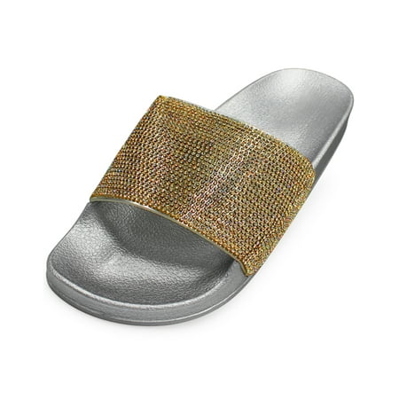 LAVRA Women's Glitter Rhinestone Slide Sparkle Sandals-Gold 8