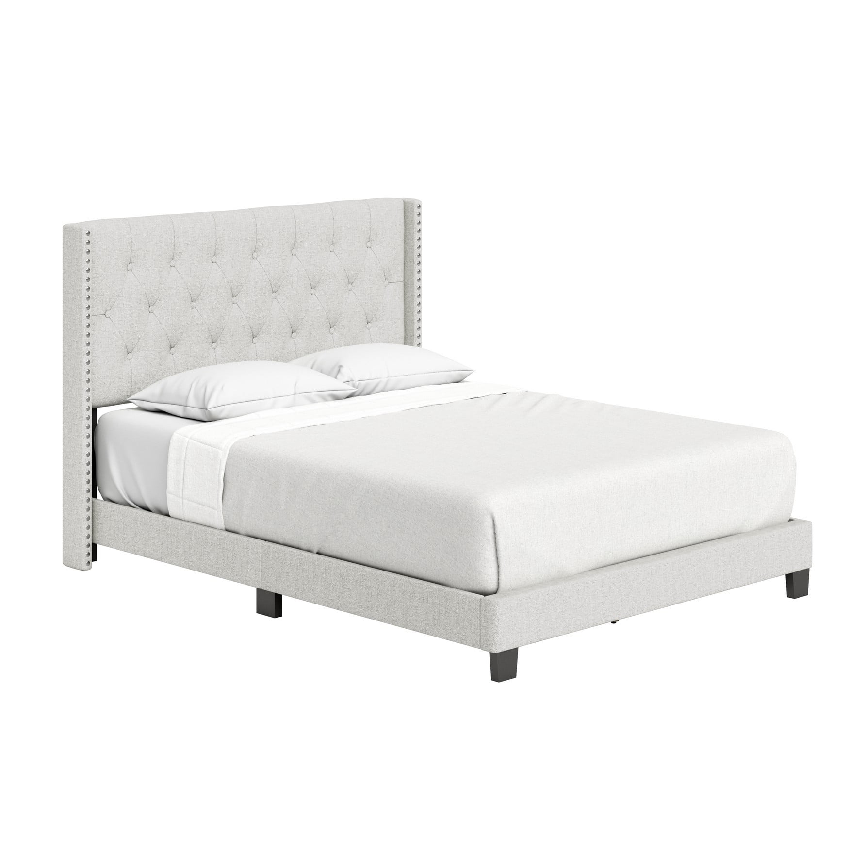 Boyd Sleep Mia Off White Linen King Size Fully Upholstered Platform Bed Frame with Tufted Headboard
