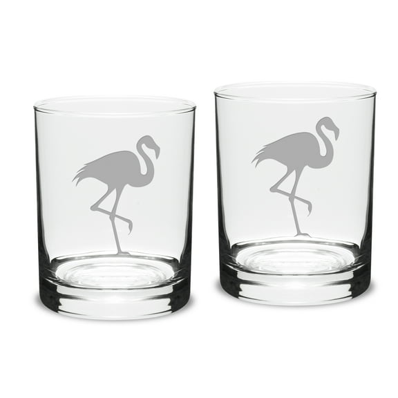 Flamingo Deep Etched Classic Double Old Fashion Glass Set of 2
