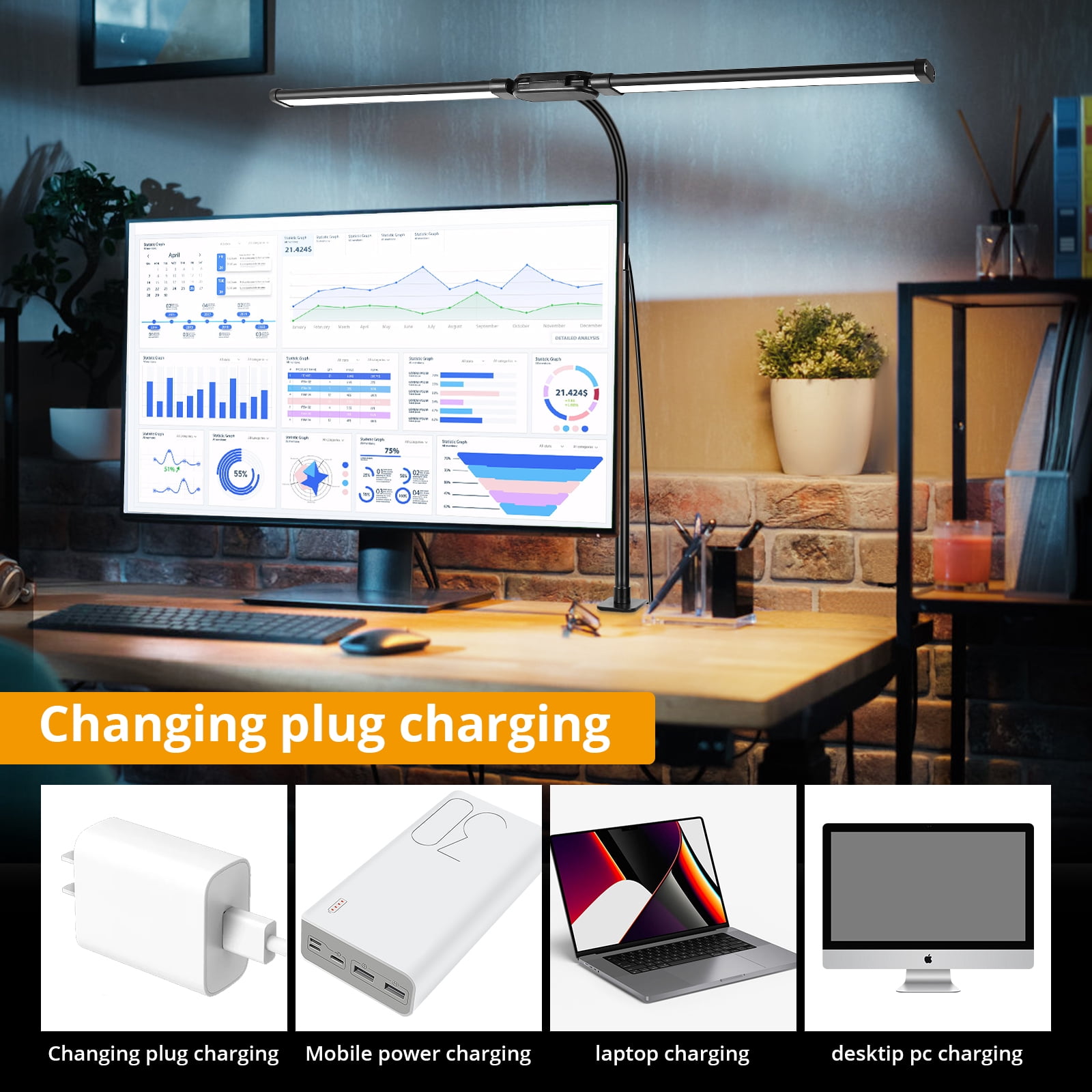 Desk Lamp Clamp Light, Dual Head, Flexible Long Clip Light, 5 Modes x 10 Brightness Dimmable, 12W 960lumen, Usb Office Clamp Task Table Lamp, Black
