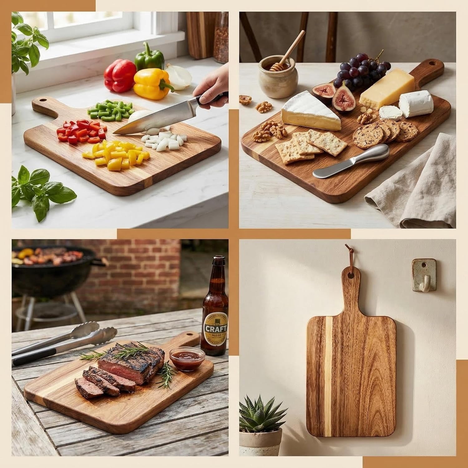 Acacia Wood Cutting Board with Handle (13.8"L x 7"W), Wooden Boards, Chopping Board, Charcuterie Serving board for Cheese, Bread, Pizza, Vegetables & Fruits