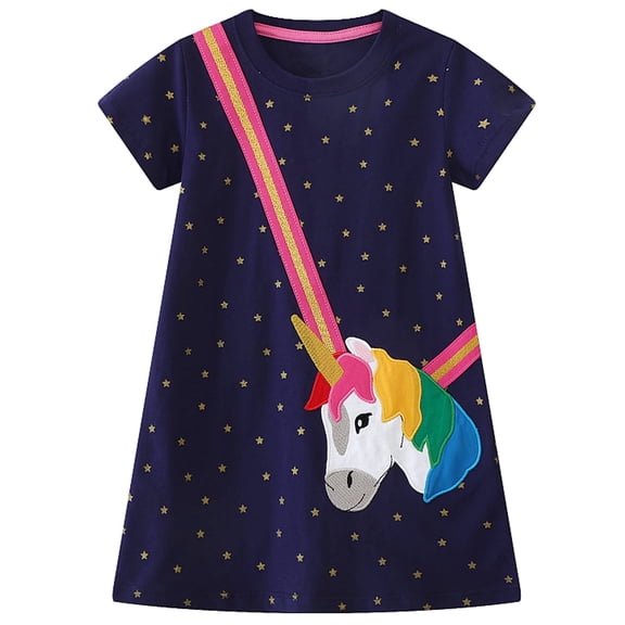 WIBACKER 2-7T Little Girl Cotton Casual Dress Summer Short Sleeve Basic Tunic Playwear Shirt Dresses - Unicorn
