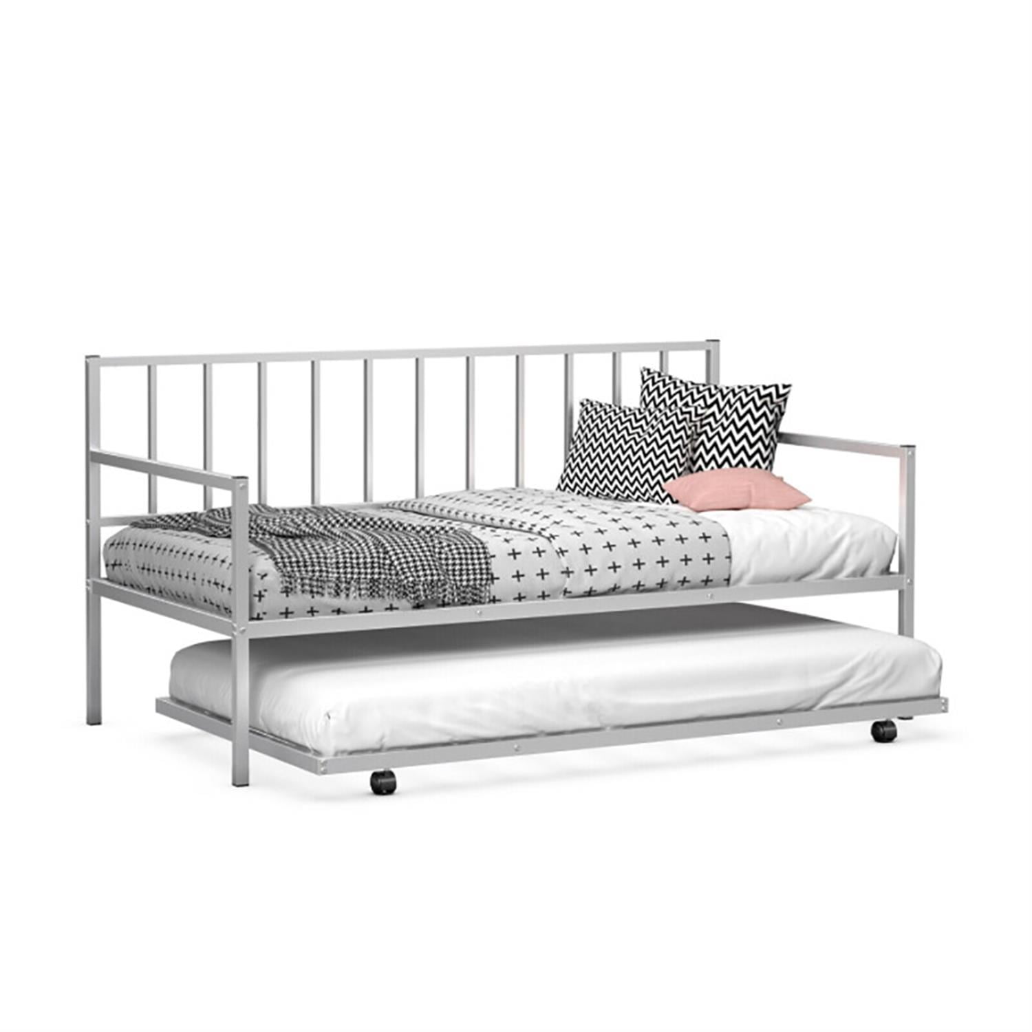 Demi Bonn Twin Size Daybed and Trundle Frame Set Trundle Bedframe, Modern Bed Frame for Teens, Silver