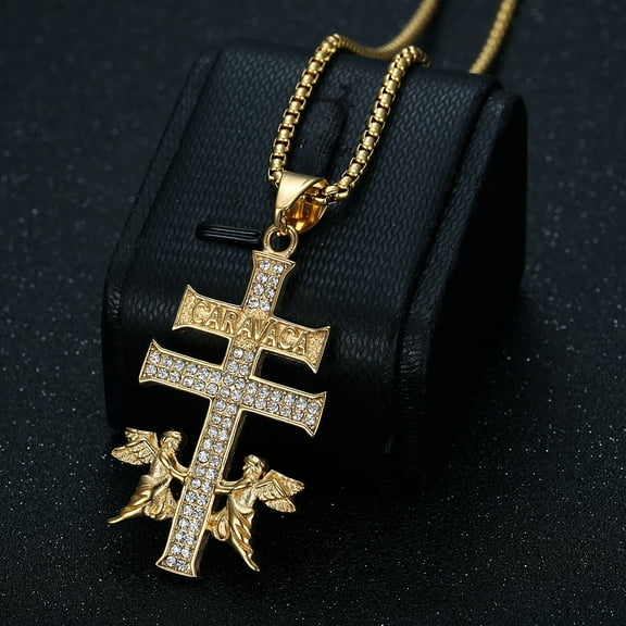 Hip Hop Bling Iced Out 14K Yellow Gold Catholic Caravaca Crucifix Cross Golden Silver Color Necklace for Man Cherub Angel Pendant Christian Gift