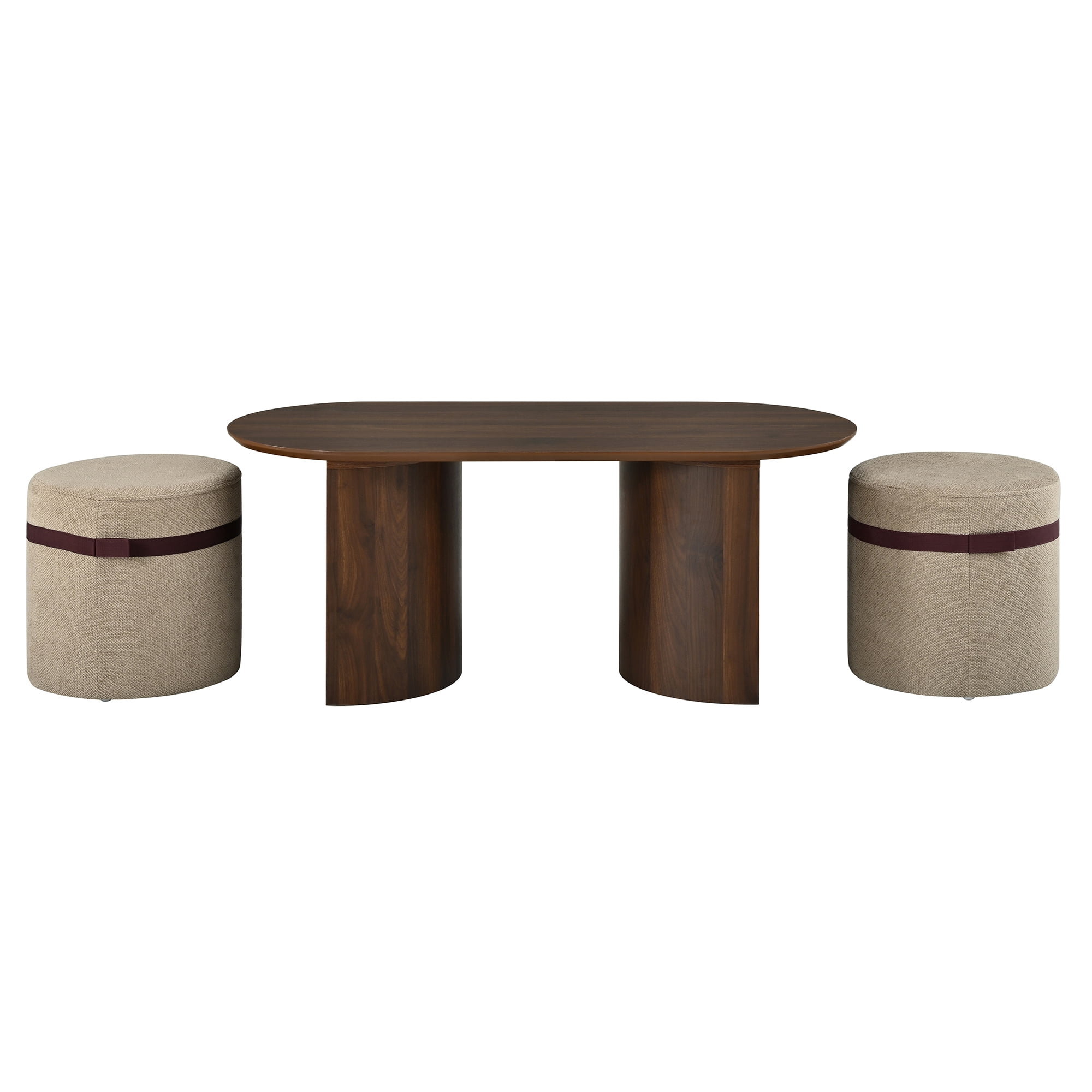 Oval Coffee Table Set 42.71 Inch, Wooden Center Table with 2 Matching Fabric Poufs for Living Room Reading Corner, Brown