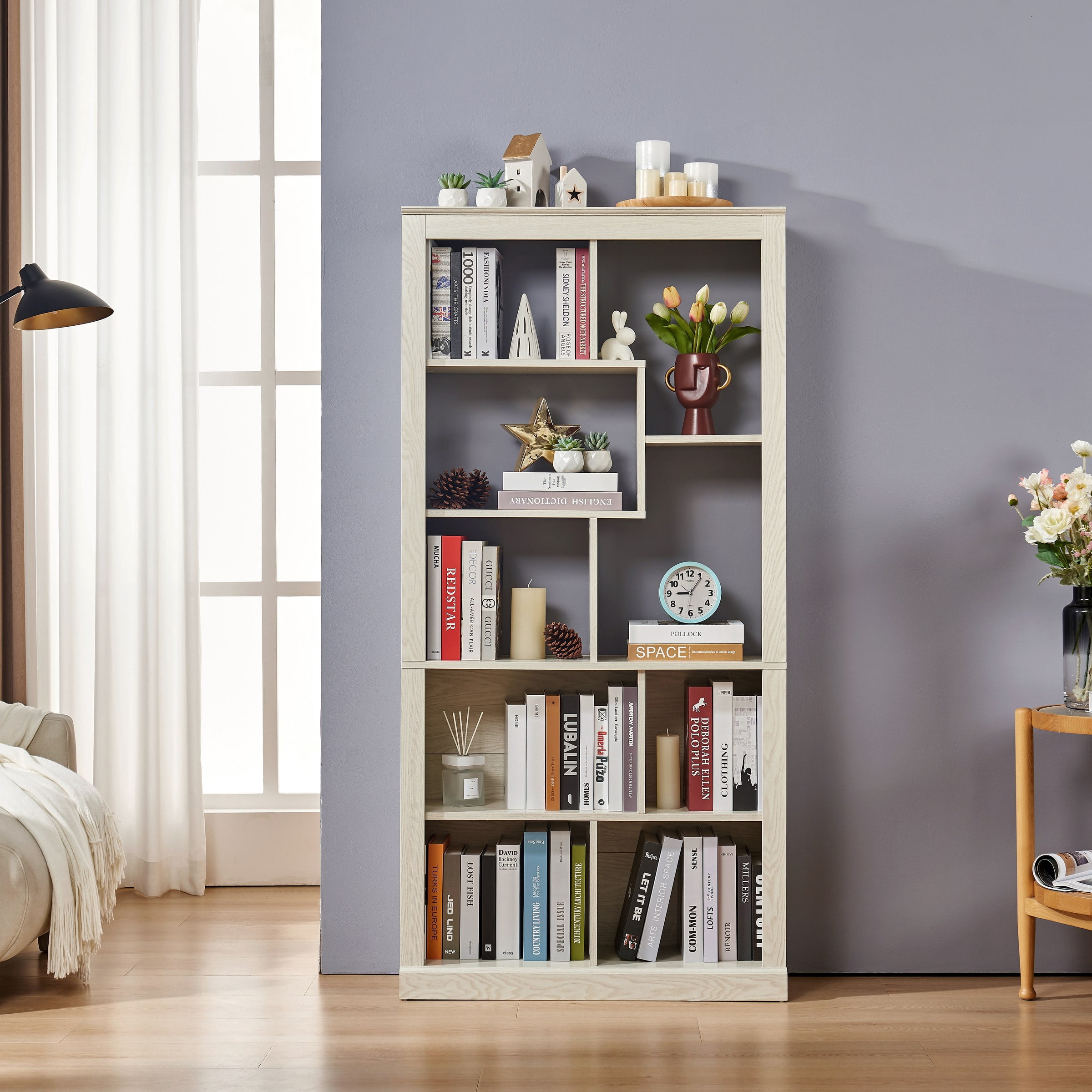 Free Combination Wood Open Bookshelf, Multi Space Display Storage Cabinet, Freestanding Bookcase with Anti-Tip Straps, Classified Storage Organizer for Living Room Bedroom Home Office