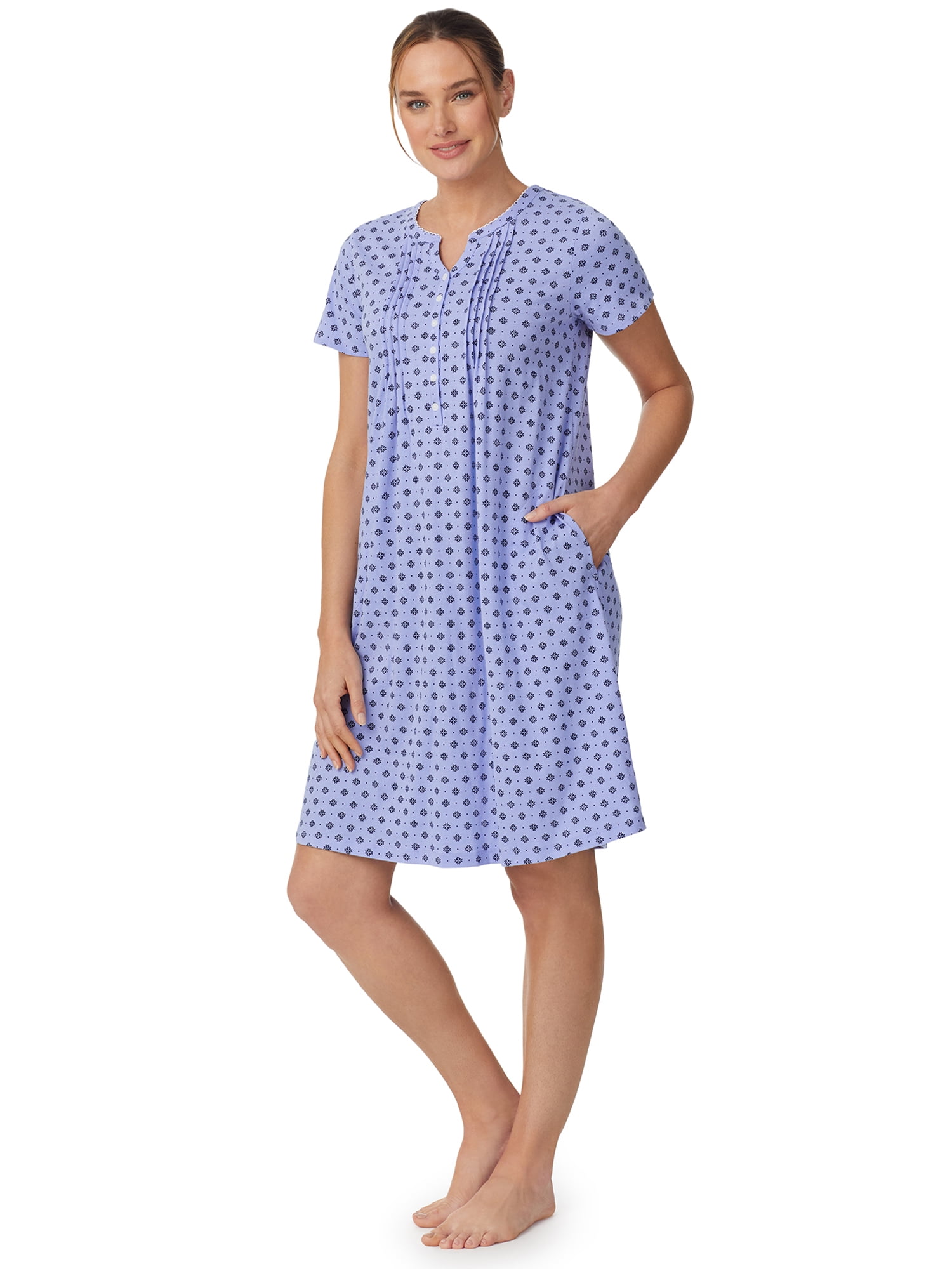 Aria Women’s Short Sleeve Split Neck Henley Nightgown 40”, Sizes XS to 5X