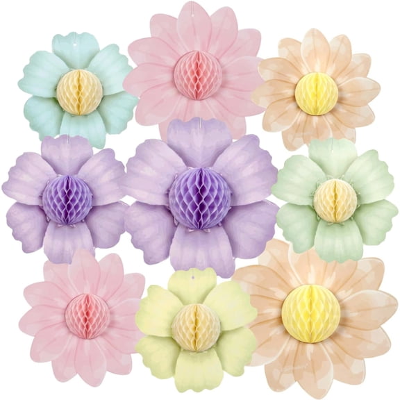 Pastel Flower Honeycomb Decorations, 9 PCS Hanging Flower Ornaments for Birthday, Easter & Baby Shower Parties