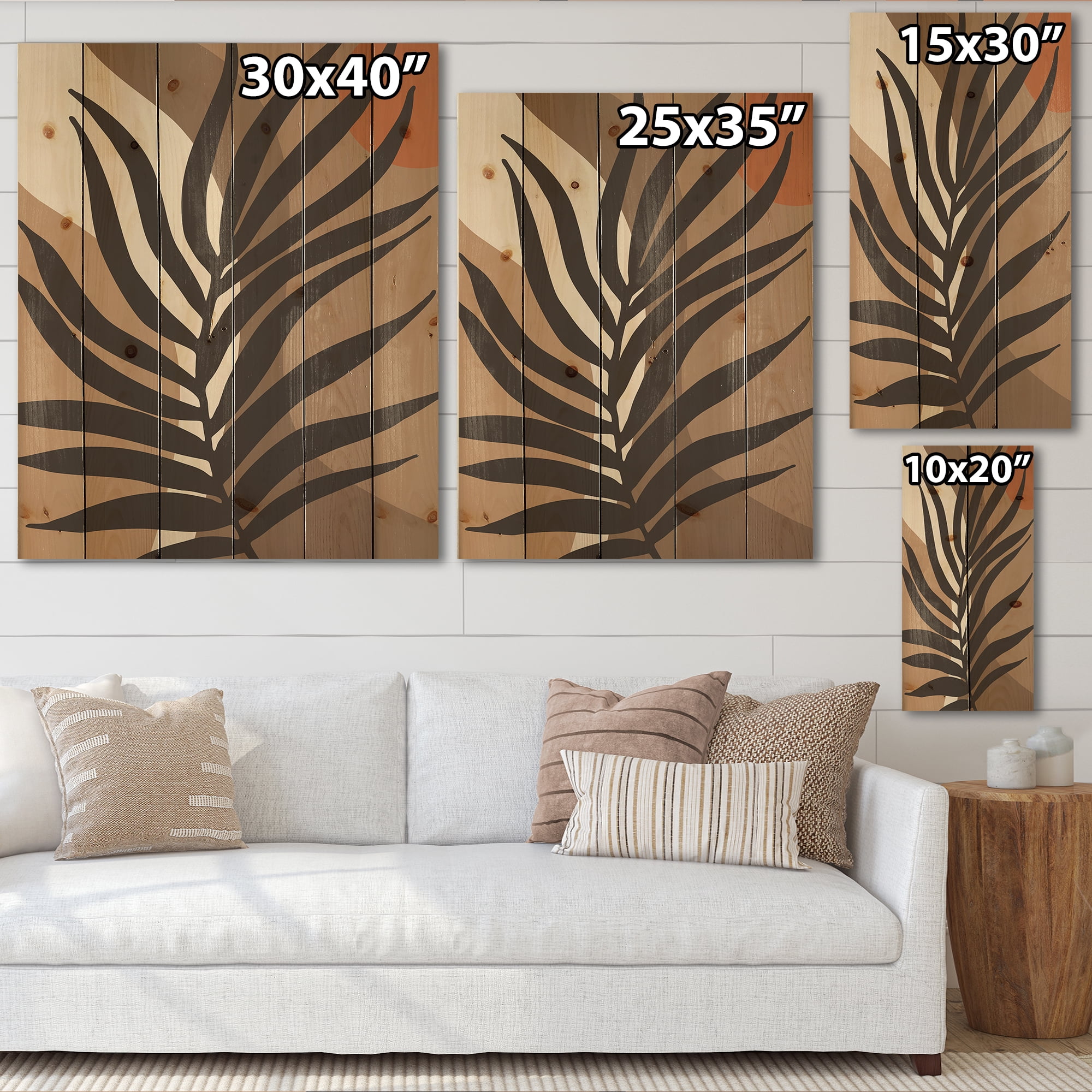 Designart 'Shapes and Tropical Leaf Silhouettes II' Modern Print on Natural Pine Wood