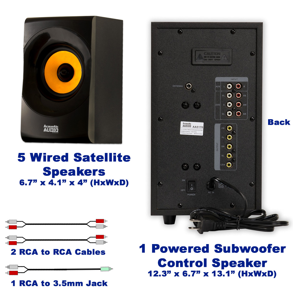 Acoustic Audio AA5170 Home Theater 5.1 Bluetooth Speaker System with FM and 2 Extension Cables - image 4 of 7