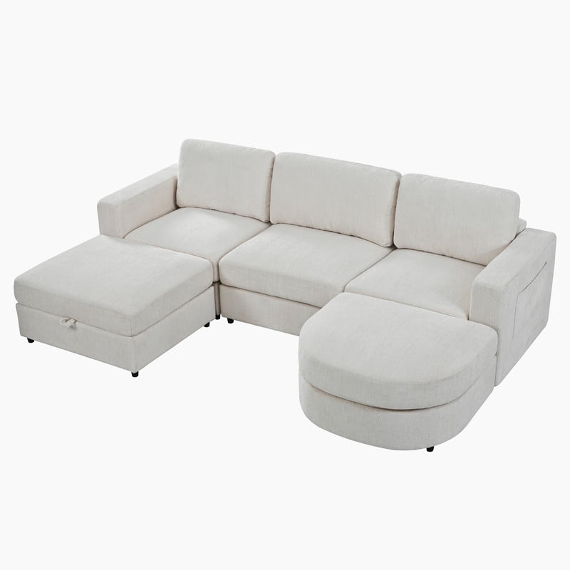 102.4" U-Shaped Modular Sectional Sofa with 2 Movable Ottomans, Chenille Fabric Couch with Storage Ottoman, Drop-Down Console with 2 Cup Holders, Solid Pine Wood Frame for Living Room