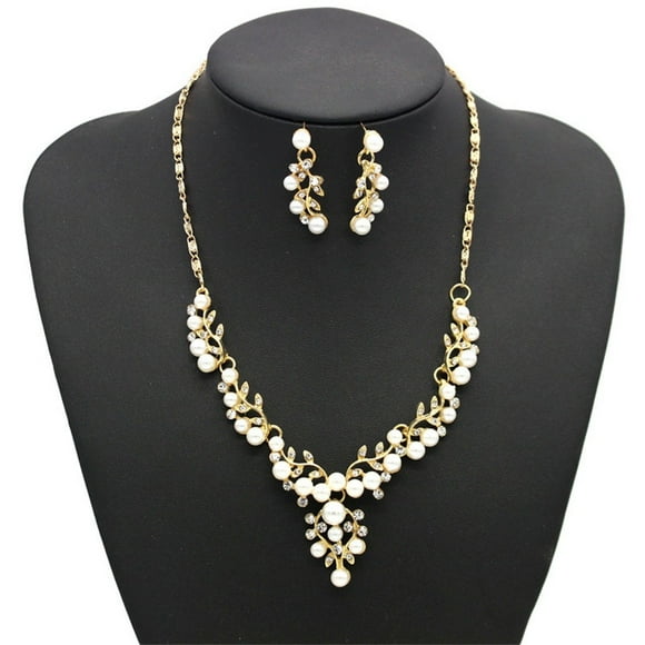 Fiudx Conjunto de Joyería para Dama de Honor con Collar y Pendientes Cortos de Perlas y Diamantes de Imitación