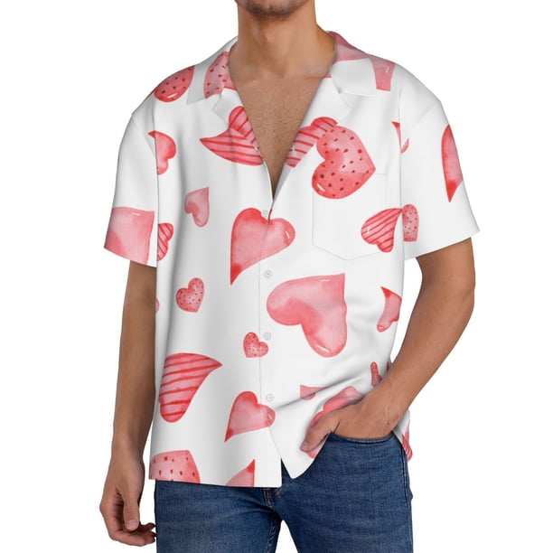 Balery Pink Hearts Camisa Casual de Manga Corta con Botones para Hombre, Texturizada, Estilo Cubano, para Playa, Verano-Large