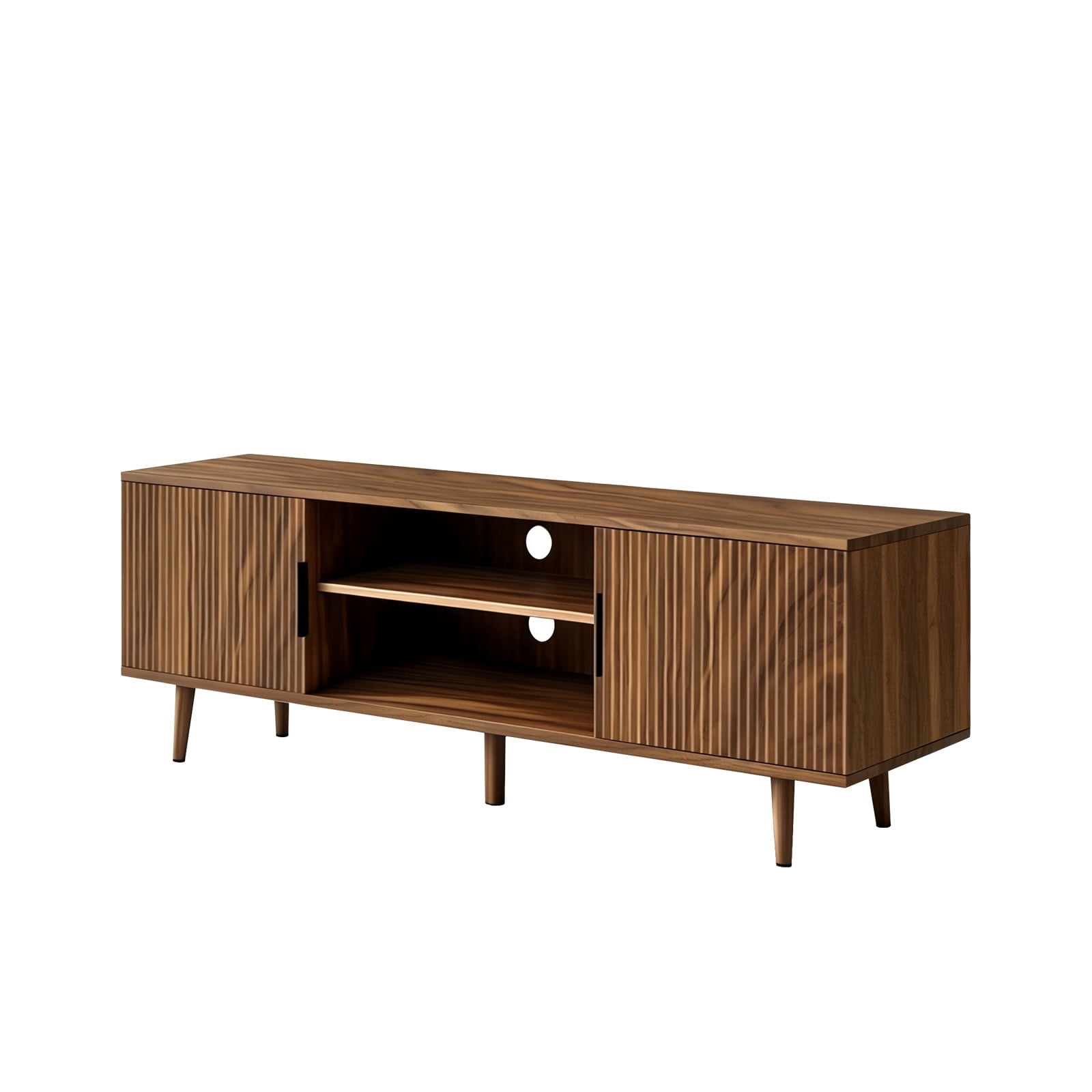Hommoo 54.3" Mid Century Modern Fluted TV Stands with Open Shelves, TV Console Entertainment Center TV Media Cabinet for Bedroom, Living Room, Walnut
