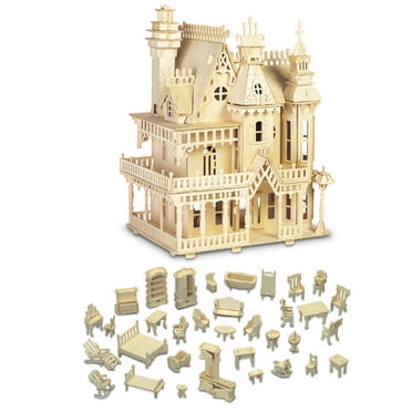 Puzzled Bundle of Furniture Set & Fantasy Villa Doll House Wooden 3D Puzzles Construction Kits, Educational DIY Playhouse Toys Assemble Unfinished Wood Craft Hobby Puzzles to Build & Paint - 2 Pack