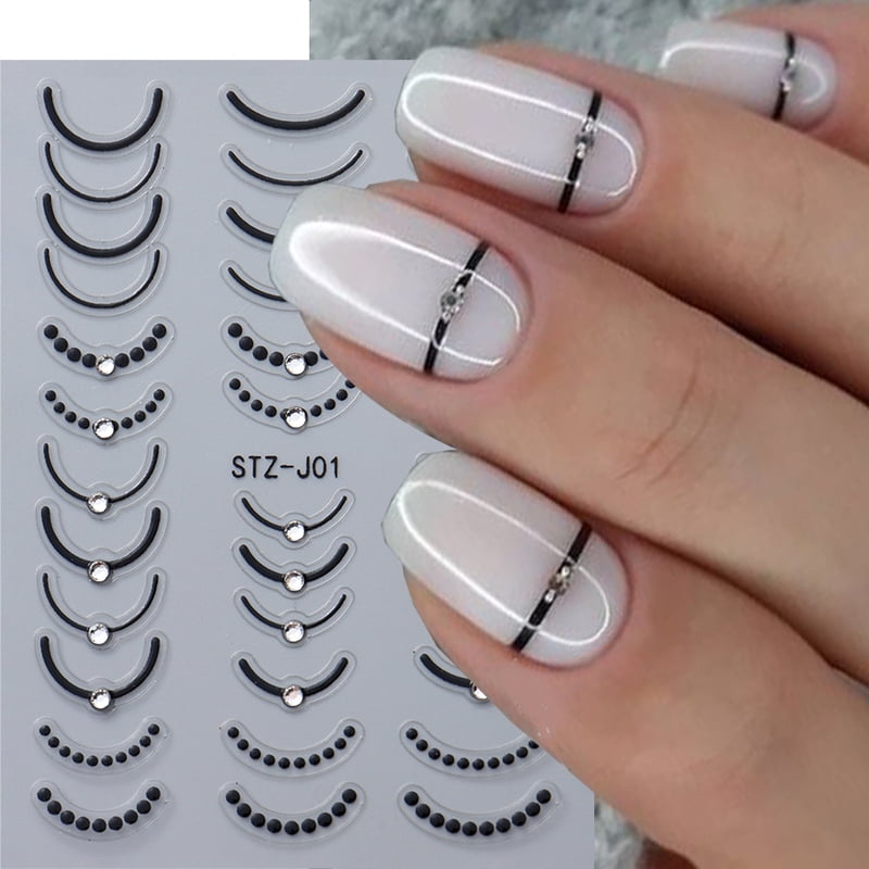5D Rhinestones Gold Silver French Tips Nail Stickers Retro Wave Simple Line Design Adhesive Slider Nail Art Decoration Decals