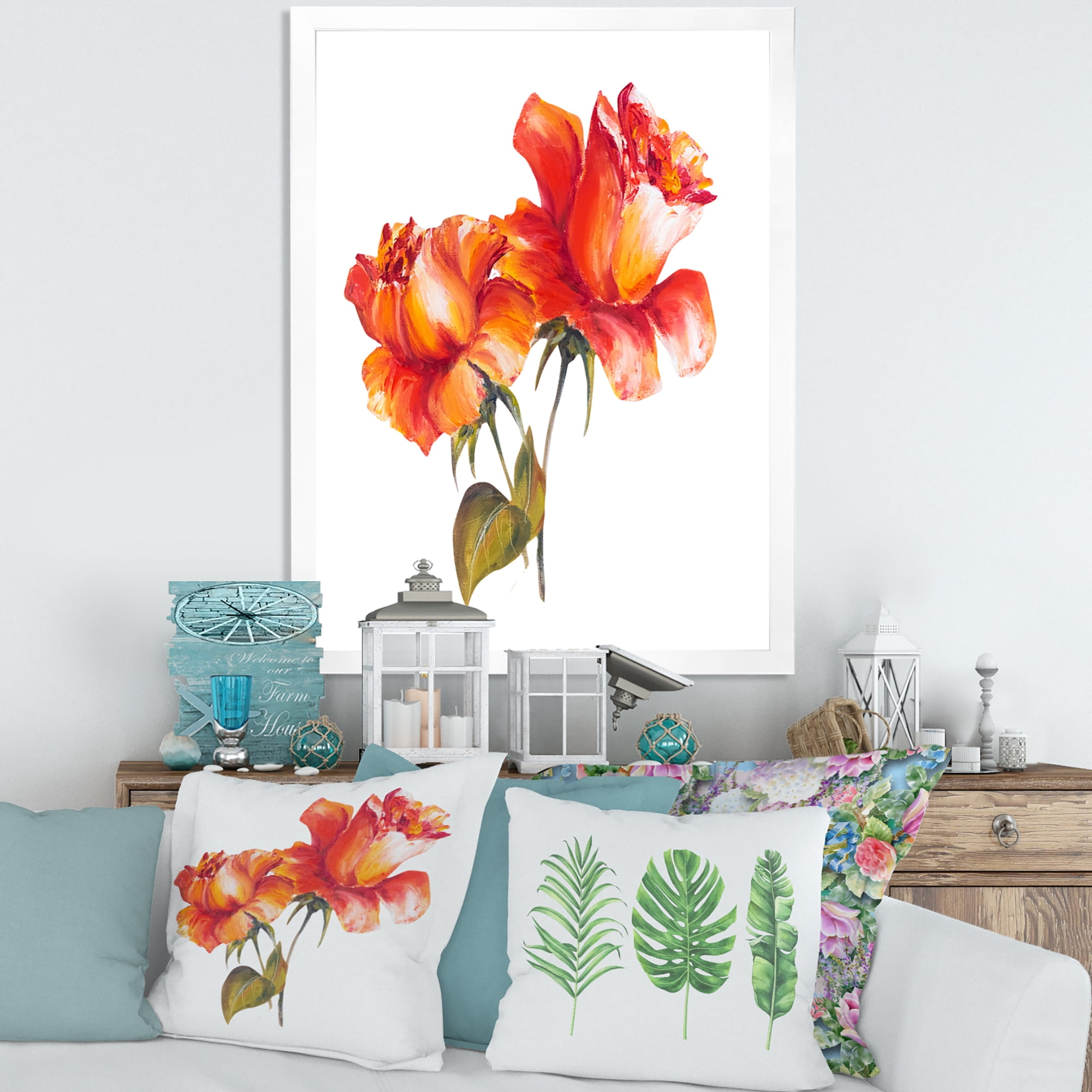 Designart 'Two Blossoming Red Roses On White' Traditional Framed Art Print