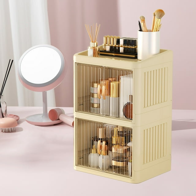 YIMWNYI Foldable Double Door Storage Box, White Multilayer Plastic Organizer, Space-Saving Drawer Box for Stationery, Cosmetics & Skin Care, Compact Storage Box with Flat Cover