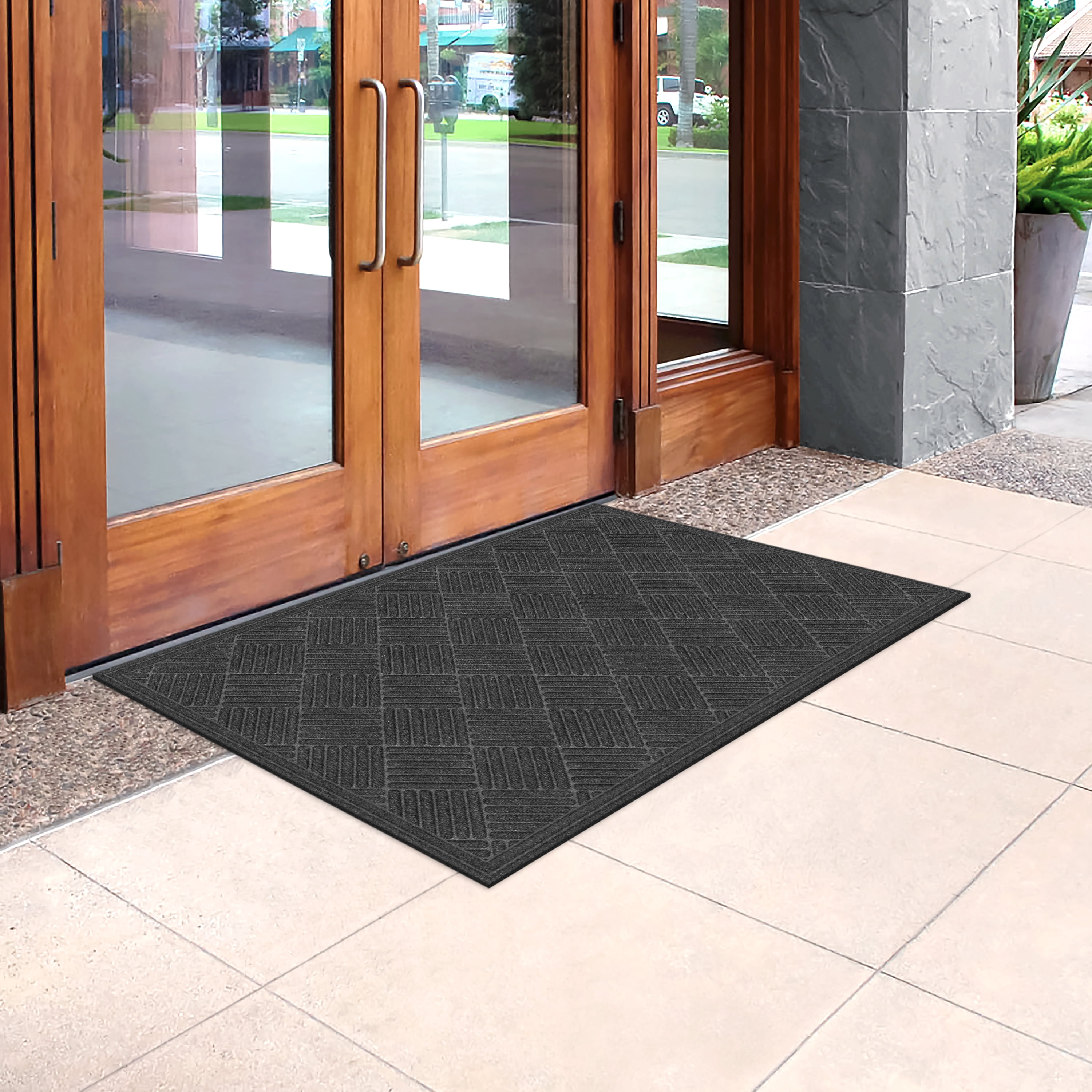 Mainstays Textures Crosshatch Polyester and Rubber Backed Doormat, 3' x 5', Onyx