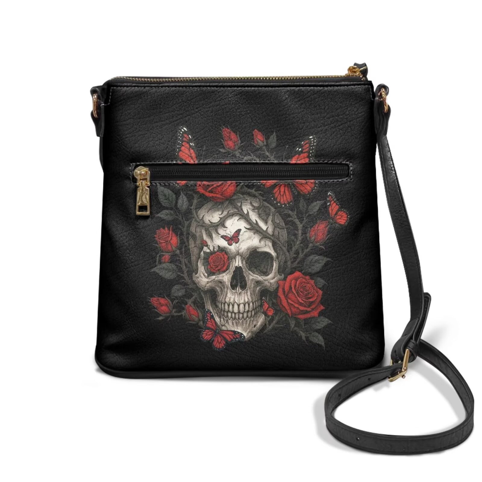 DISNIMO Crossbody Shoulder Bag Skull Butterfly Rose Print Satchel Shoulder Handbag with Zipper Fashion Leather Bucket Bags for Women