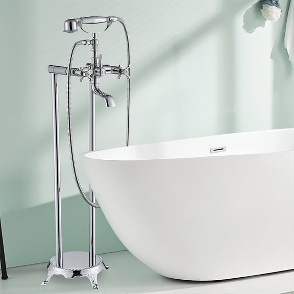 Freestanding Chrome Clawfoot Bathtub Faucet Floor Mount Tub Filler w/Hand Shower