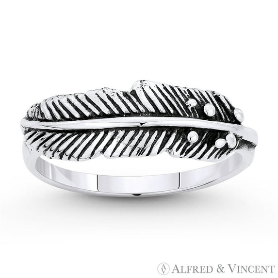 Rustic-Finish Eagle's Feather Charm Stackable Ring in Oxidized .925 Sterling Silver