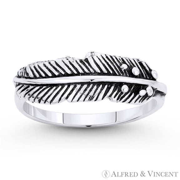Rustic-Finish Eagle's Feather Charm Stackable Ring in Oxidized .925 Sterling Silver