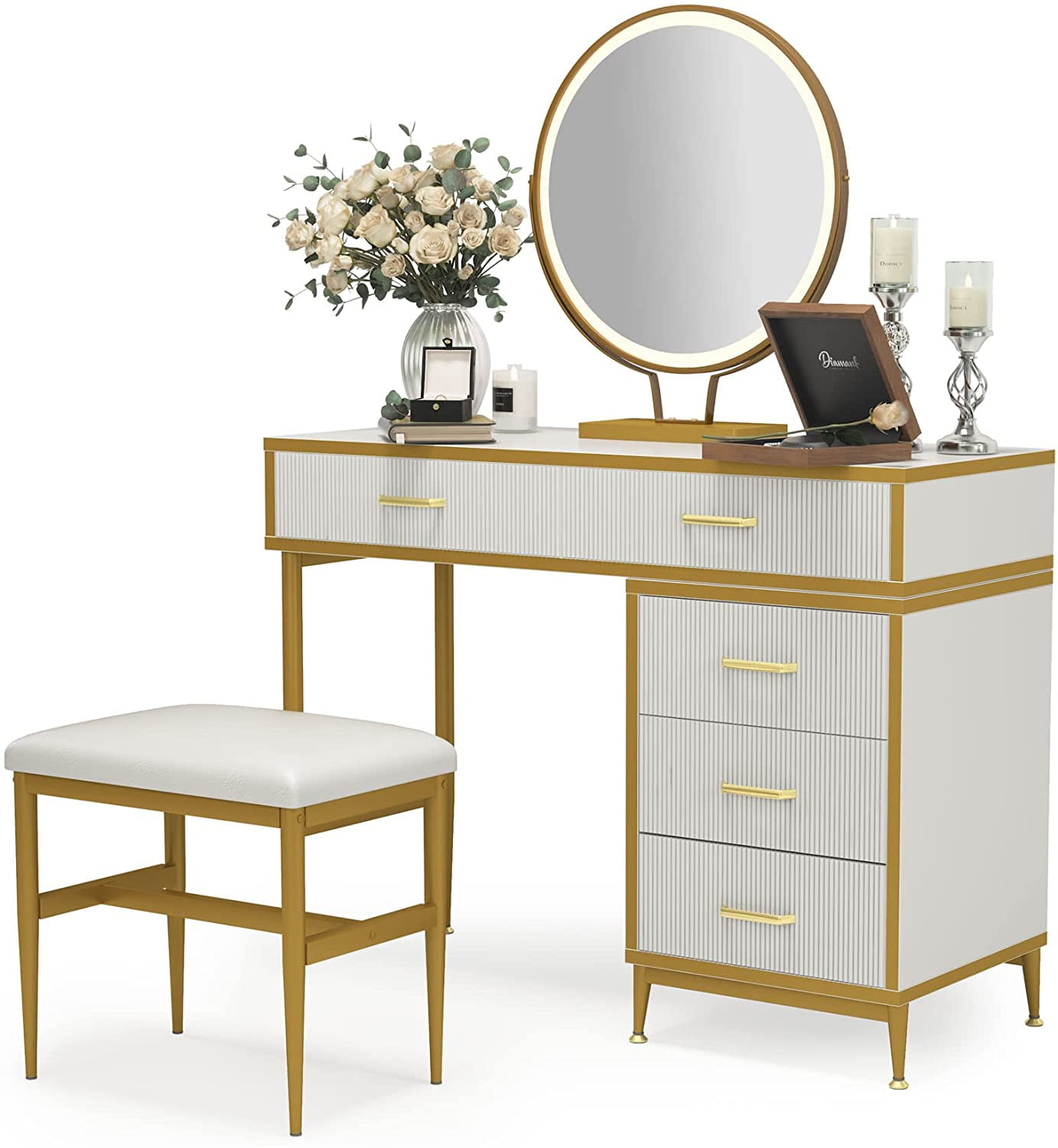 Tribesigns Makeup Vanity Table With Colors Lighted Mirror, White Gold