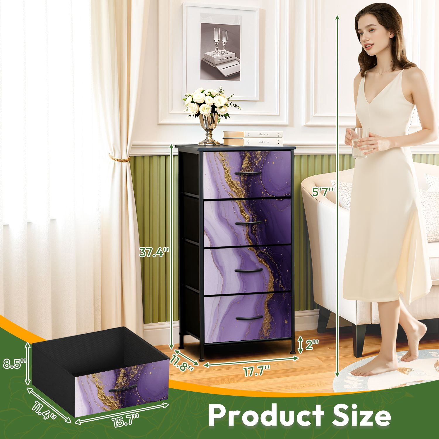 Kanworse 4 Drawer Fabric Dresser for Bedroom Purple marble gold stripes alcohol ink Chests of Drawers for Closet Organizers Storage