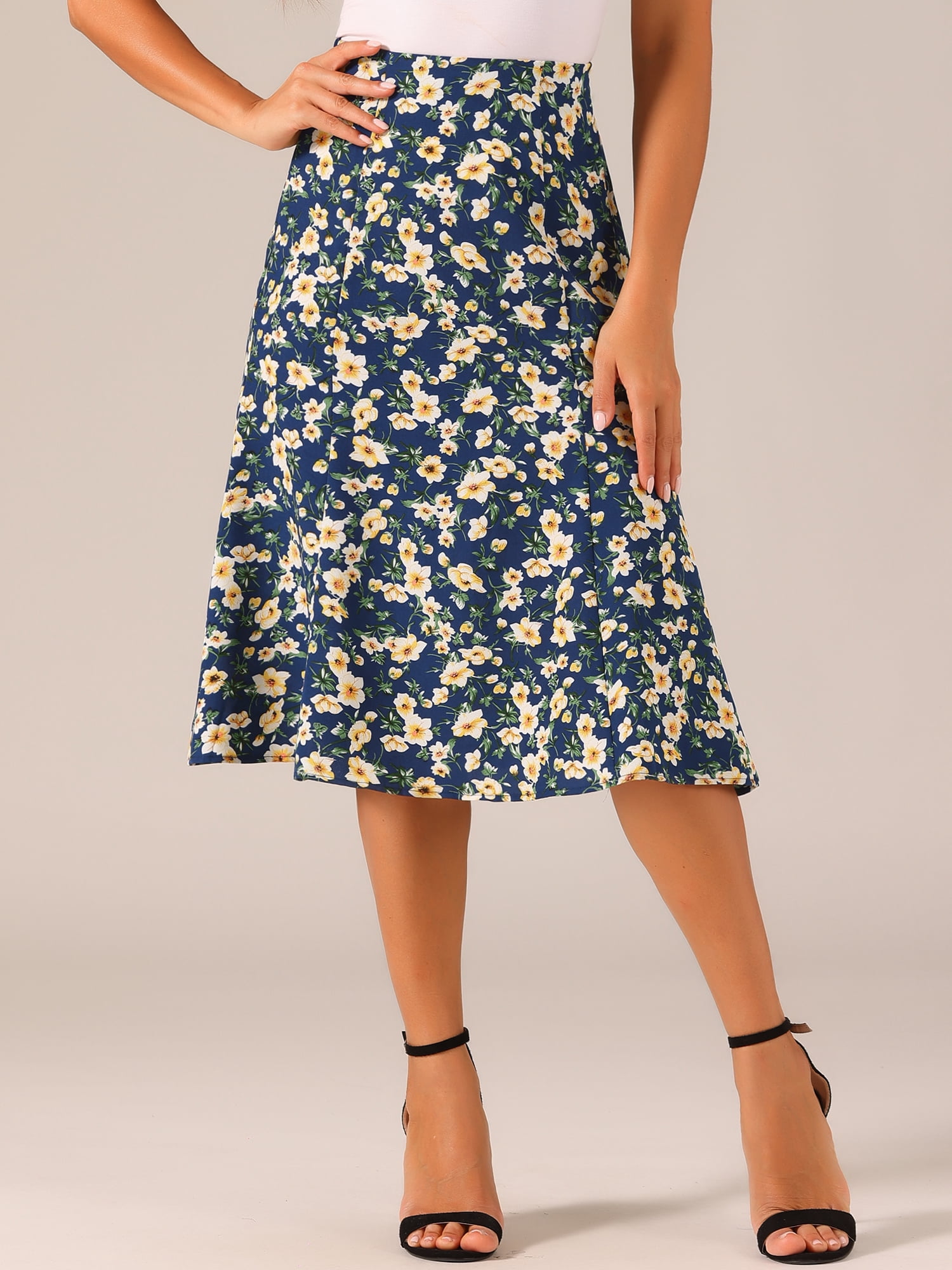 DARING DIVA Women's Elastic Waist A-Line Floral Print Midi Skirt S Dark Blue