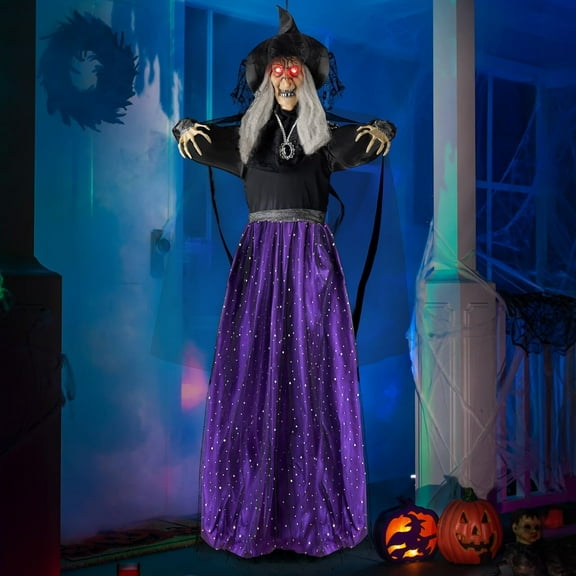 CF 47 Animated Witch Halloween Decorations Outdoor Indoor, Scary Halloween Animatronics Decor, Hanging Ghost Talking Sound Activated Led Lights Eyes Haunted House Yard Garden Lawn