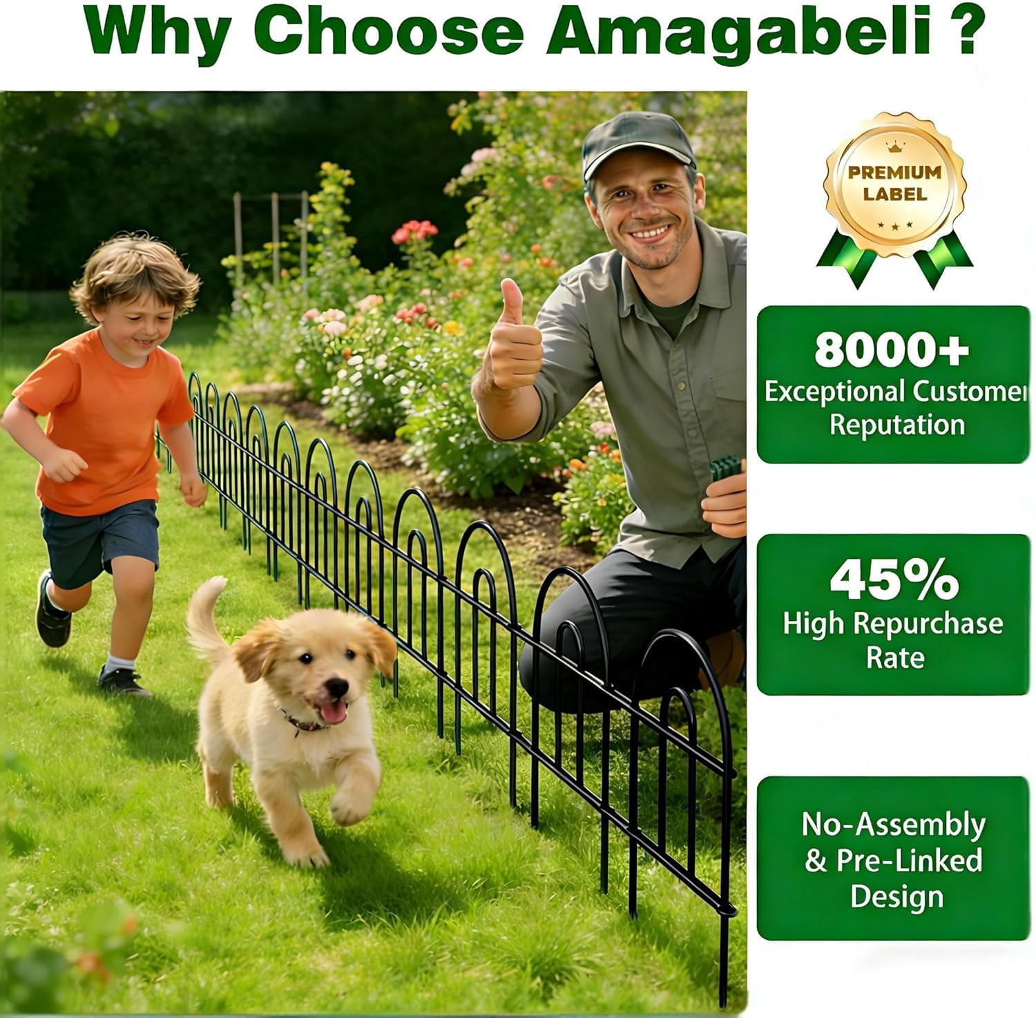AMAGABELI 35 Panels 18in(H)×50ft(L) Decorative Garden Fence No Dig Rustproof Metal Pre-Linking Fence Panels Garden Edging Border Animal Barrier Fencing for Flower Beds Yard Patio Outdoor Decor Black