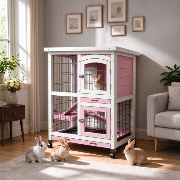 Rabbit Hutch Bunny Cage Outdoors & Indoors with Wheel, 2-Story Bunny Cage Guinea Pig House with Pull Out Tray for Rabbits, Pink with White