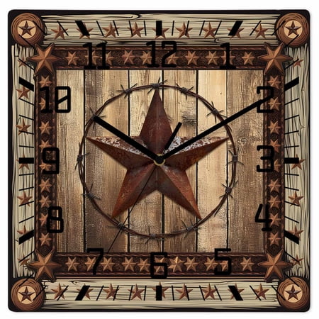 Western Farmhouse Wooden Wall Clock Silent Non Ticking, Primitive Rustic Country Retro Texas Star Square Wall Clocks Battery Operated, Decor Clock for Home Office, Living Room, Kitchen, 10 Inch