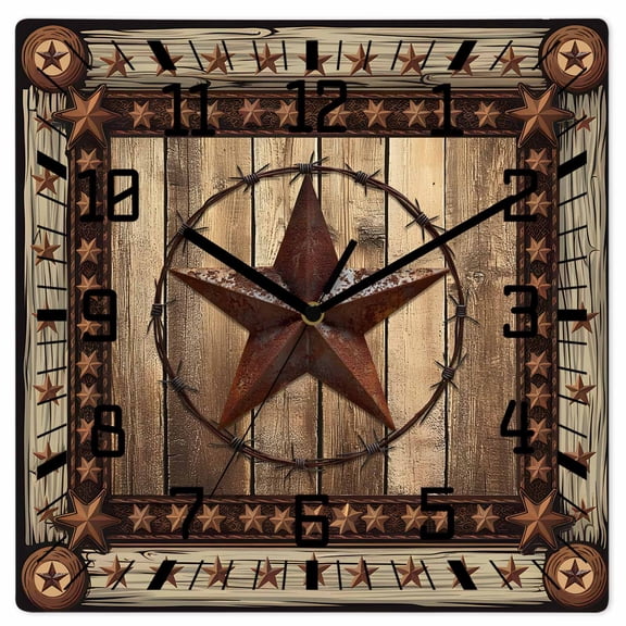 Western Farmhouse Wooden Wall Clock Silent Non Ticking, Primitive Rustic Country Retro Texas Star Square Wall Clocks Battery Operated, Decor Clock for Home Office, Living Room, Kitchen, 10 Inch
