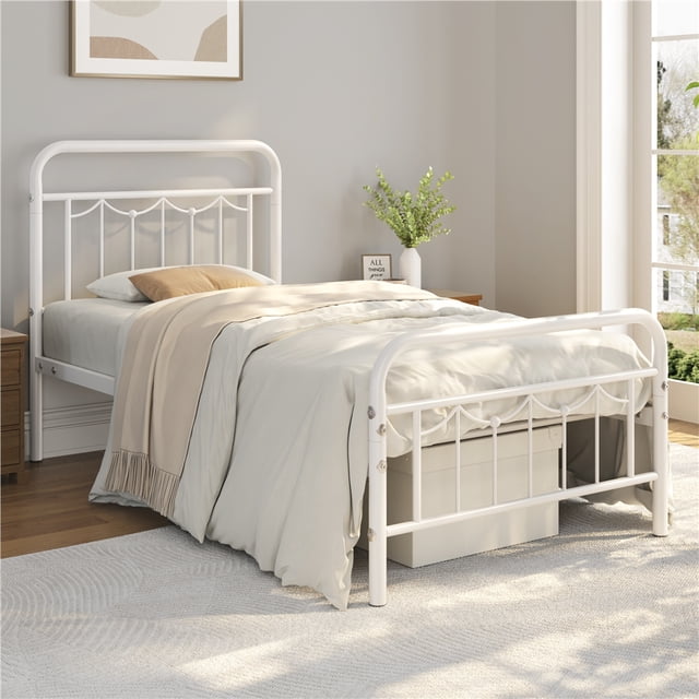 Yaheetech Lit Plateforme en Métal avec Tête et Pied de Lit Vintage, Simple, Blanc