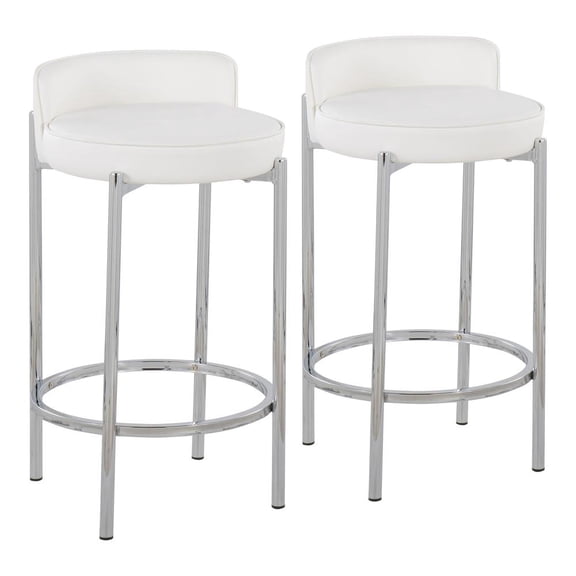 Chloe Contemporary Counter Stool In Chrome Metal And White Faux Leather - Set Of 2