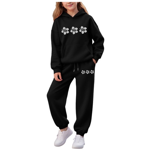 TOWED22 Girl's Sweatsuit 2 Piece Outfits Casual Graphic Long Sleeve Hoodies Sweatshirts and Sweatpants Set Fall Clothes,Black,2-3 Y