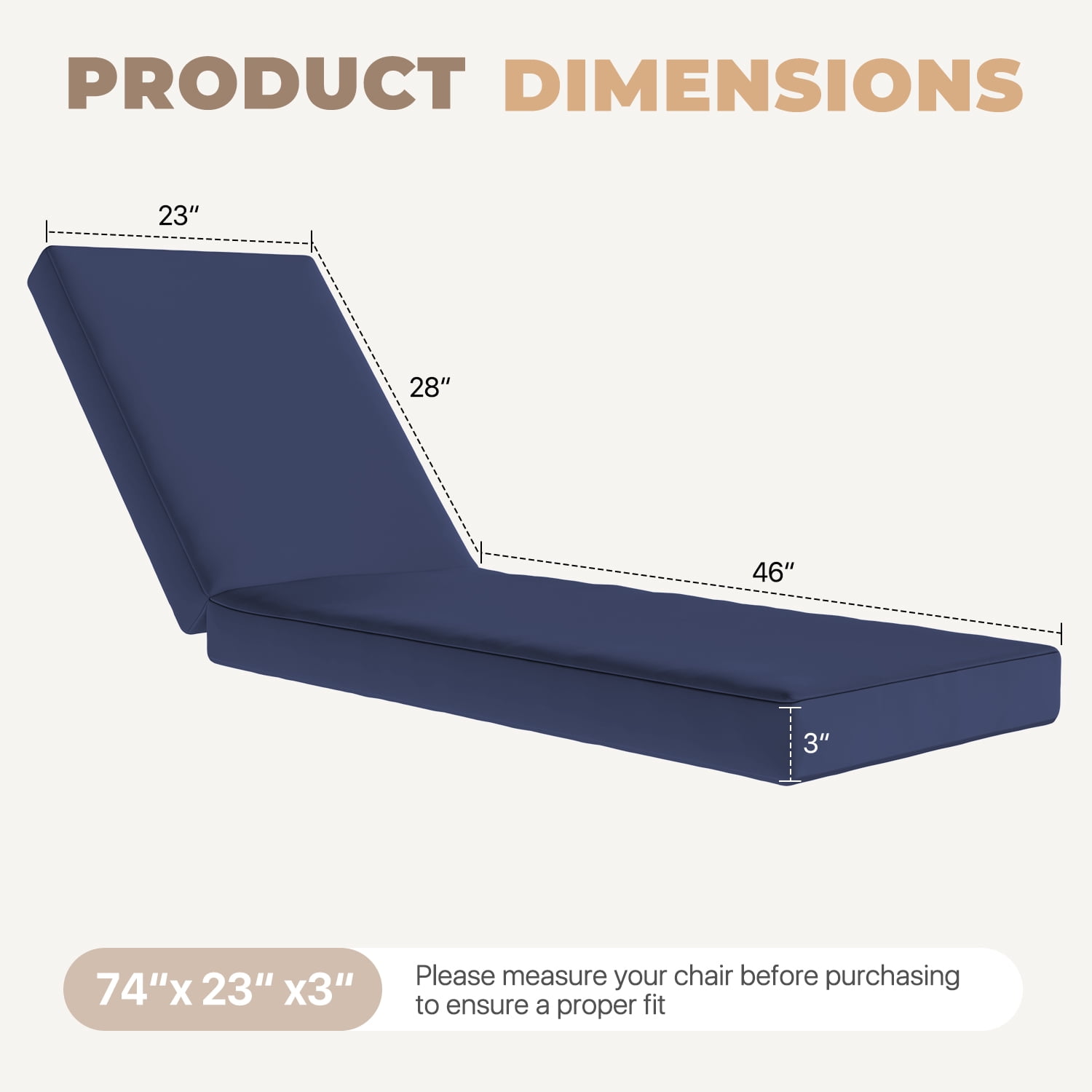 BaPiPro Navy Outdoor Chaise Lounge Cushion, Waterproof Patio Lounge Chair Pad with High-Density Foam, Removable Cover & Secure Ties for Poolside, Garden & Patio