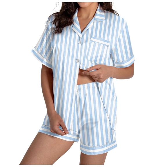 WAYUTE 2 Piece Sets for Women Short Sleeve Stpried V Neck Button Down Shirts and Shorts Set Comfortable Home Outfit Loungewear Sets