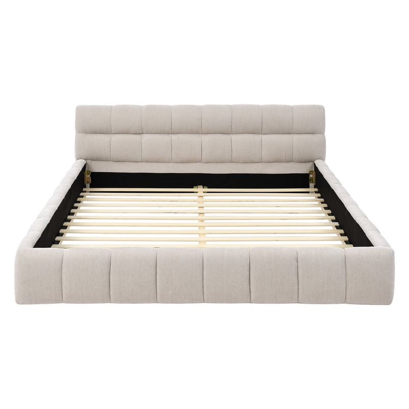 Queen Size Upholstered Platform Bed with Thick Fabric, Chenille Grounded Bed with Headboard and Solid Frame, No Box Spring Needed