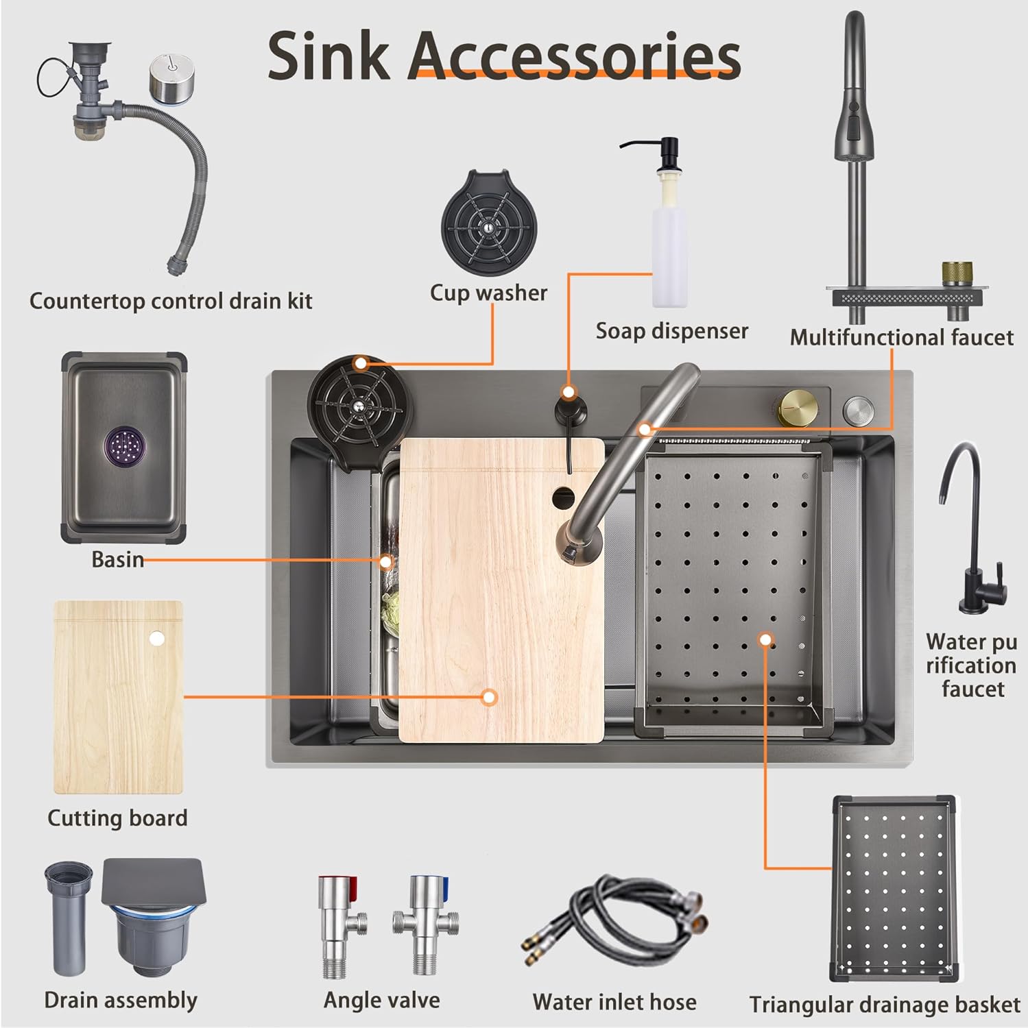 FUFU&GAGA 33.2 in. Drop-in Single Bowl Matte Black 304 Stainless Steel Kitchen Sink Flying Rain Waterfall Sink Set KF210233-02 - The Home Depot
