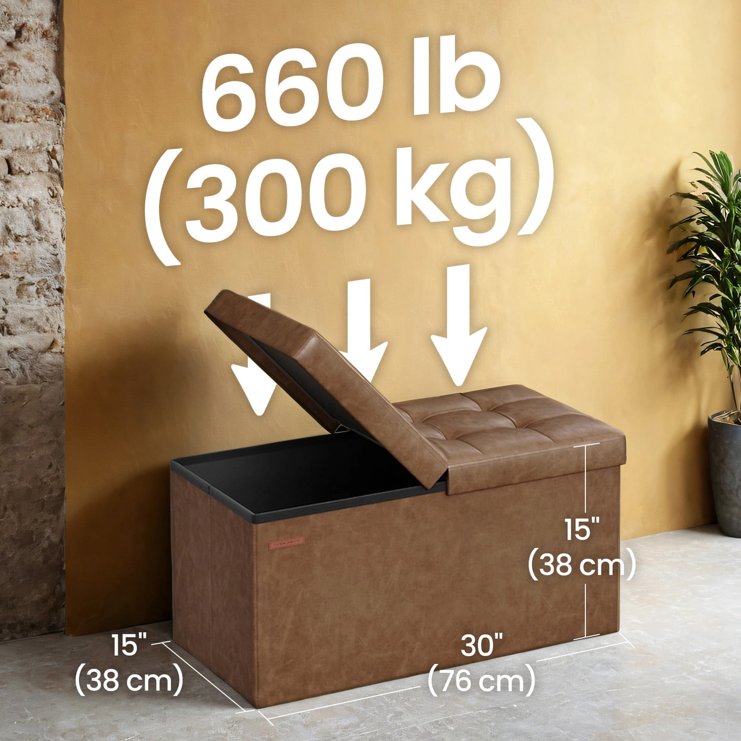 LEDREM Storage Ottoman - 30" Flip-Top Bench, 660lb Capacity, 24-Gallon Storage, Synthetic Leather, Multi-Functional, Coffee Brown