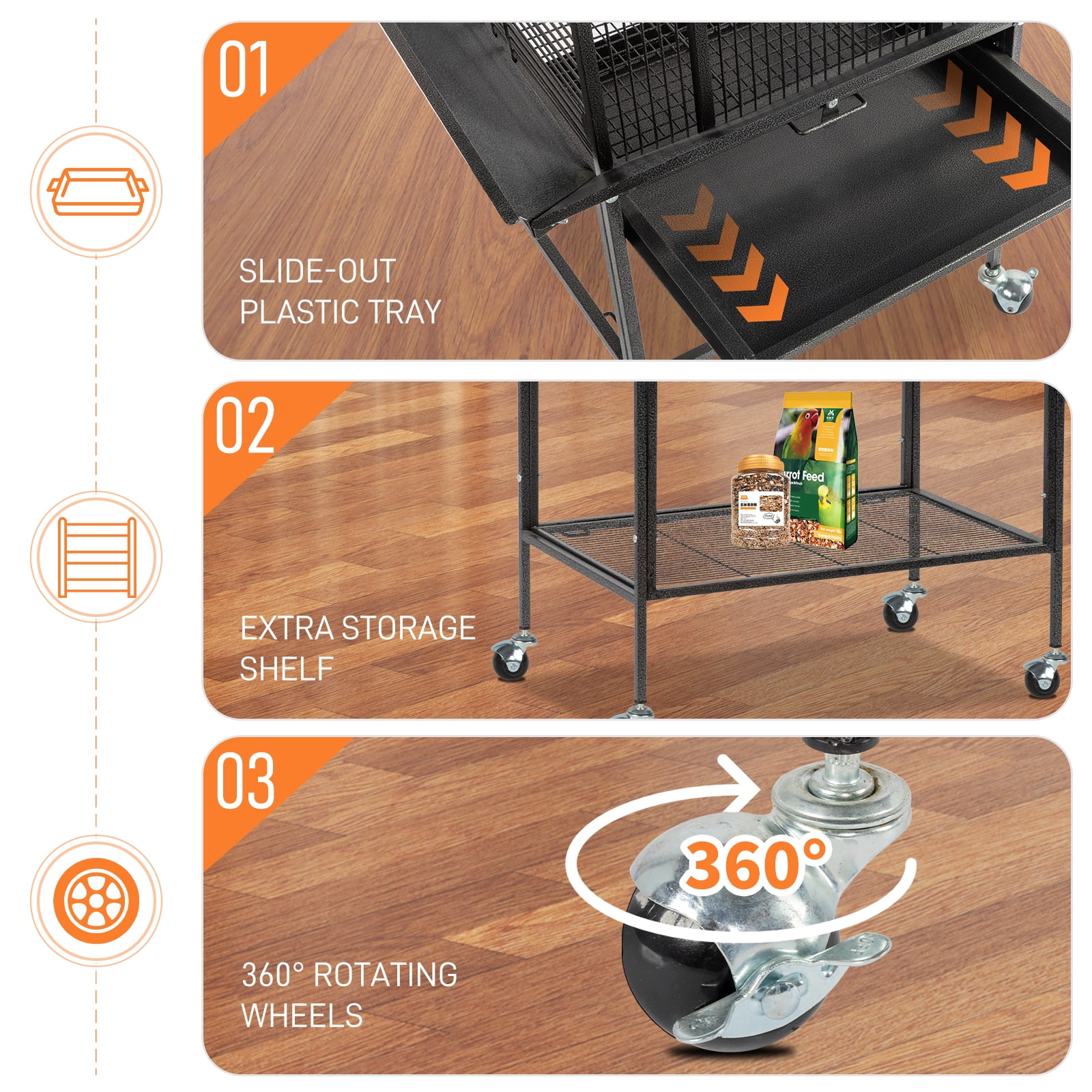 UBesGoo 65" Large Flight Bird Cage with Rolling Stand & Storage Shelf for Parrots Lovebird Cockatiel Parakeets, Black